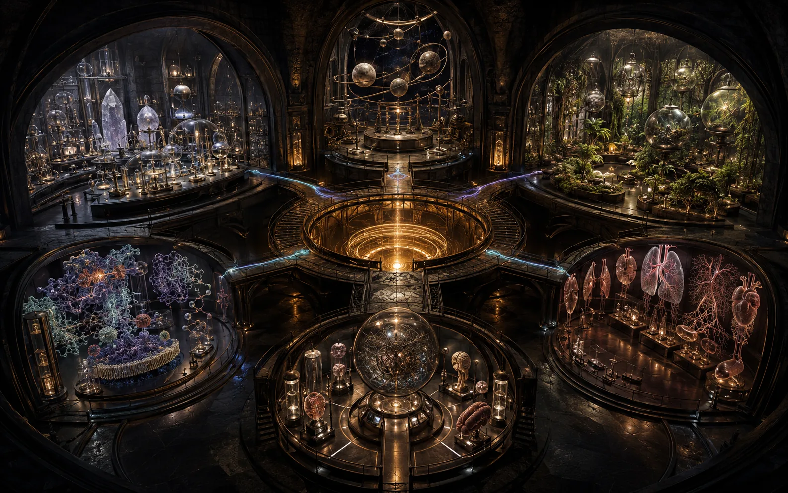 A golden research observatory with six connected chambers around a central well