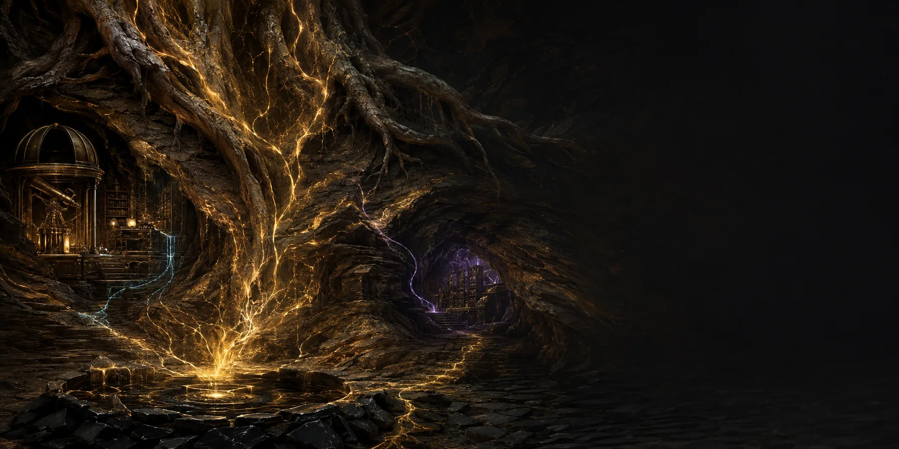 Golden currents beneath ancient roots connecting subtly to cyan and violet