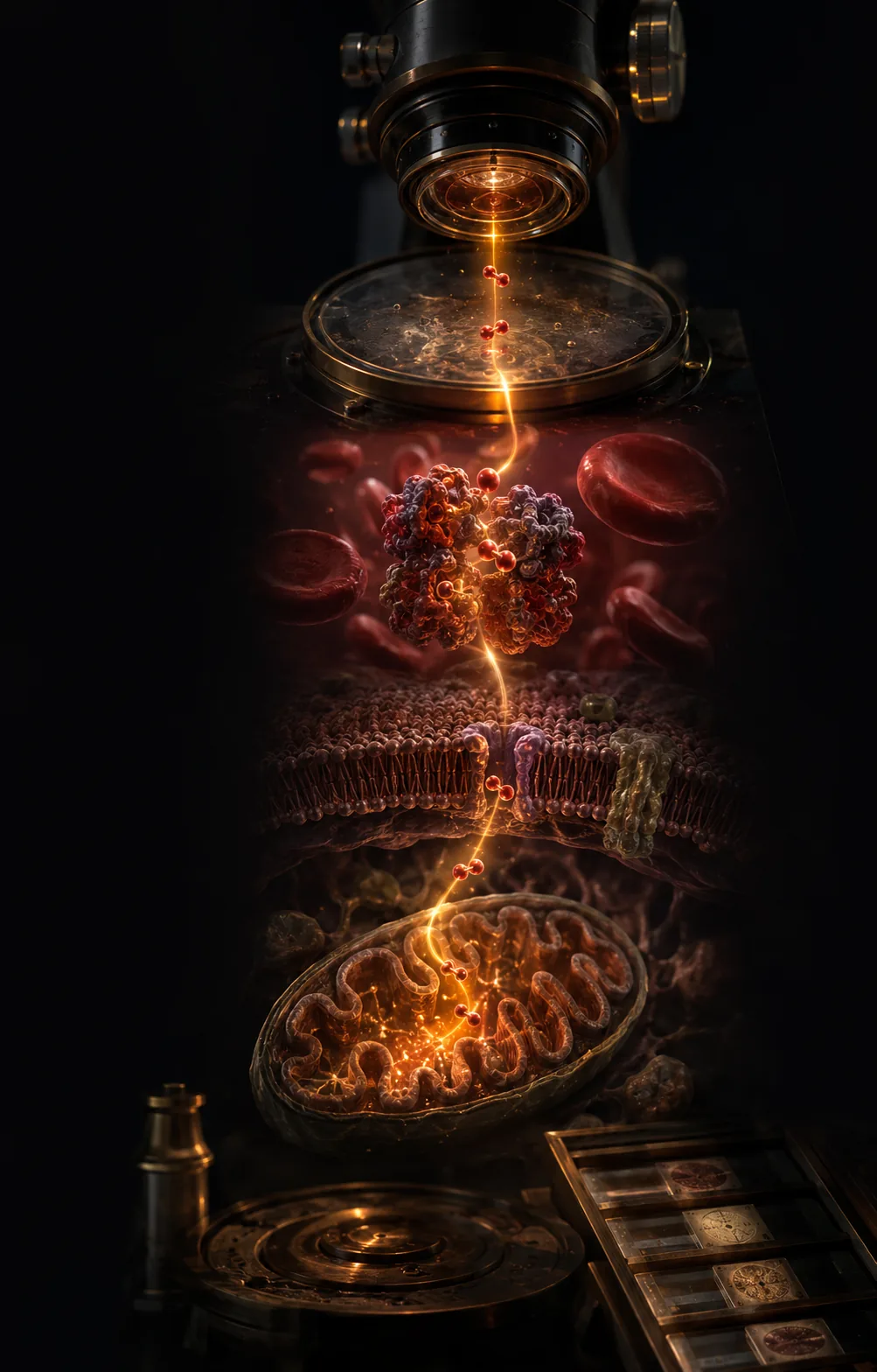 A research instrument tracing a golden molecule across multiple biological scales